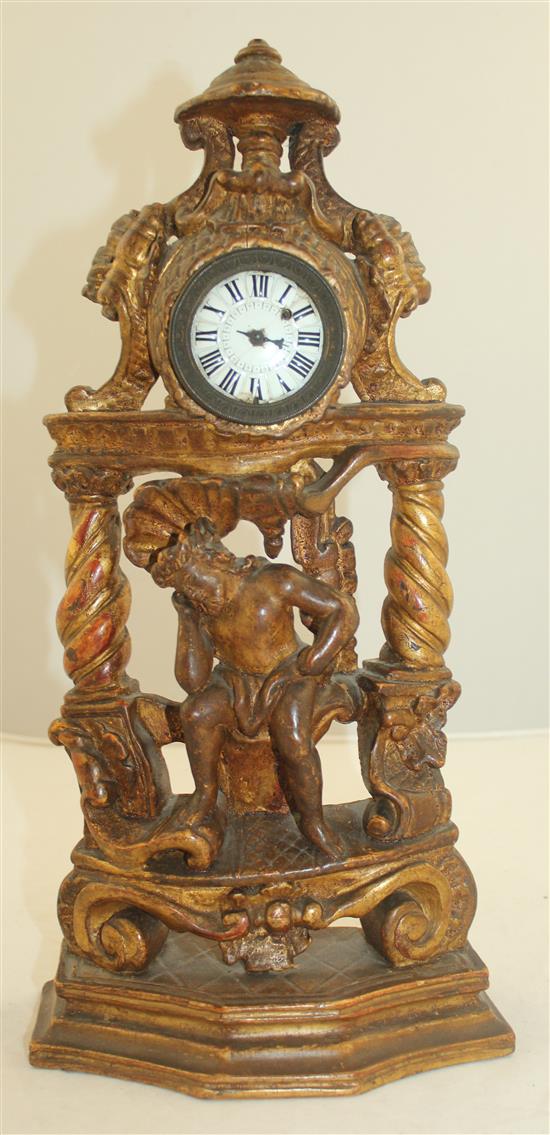 An 18th century Continental carved giltwood mantel timepiece, 15in.